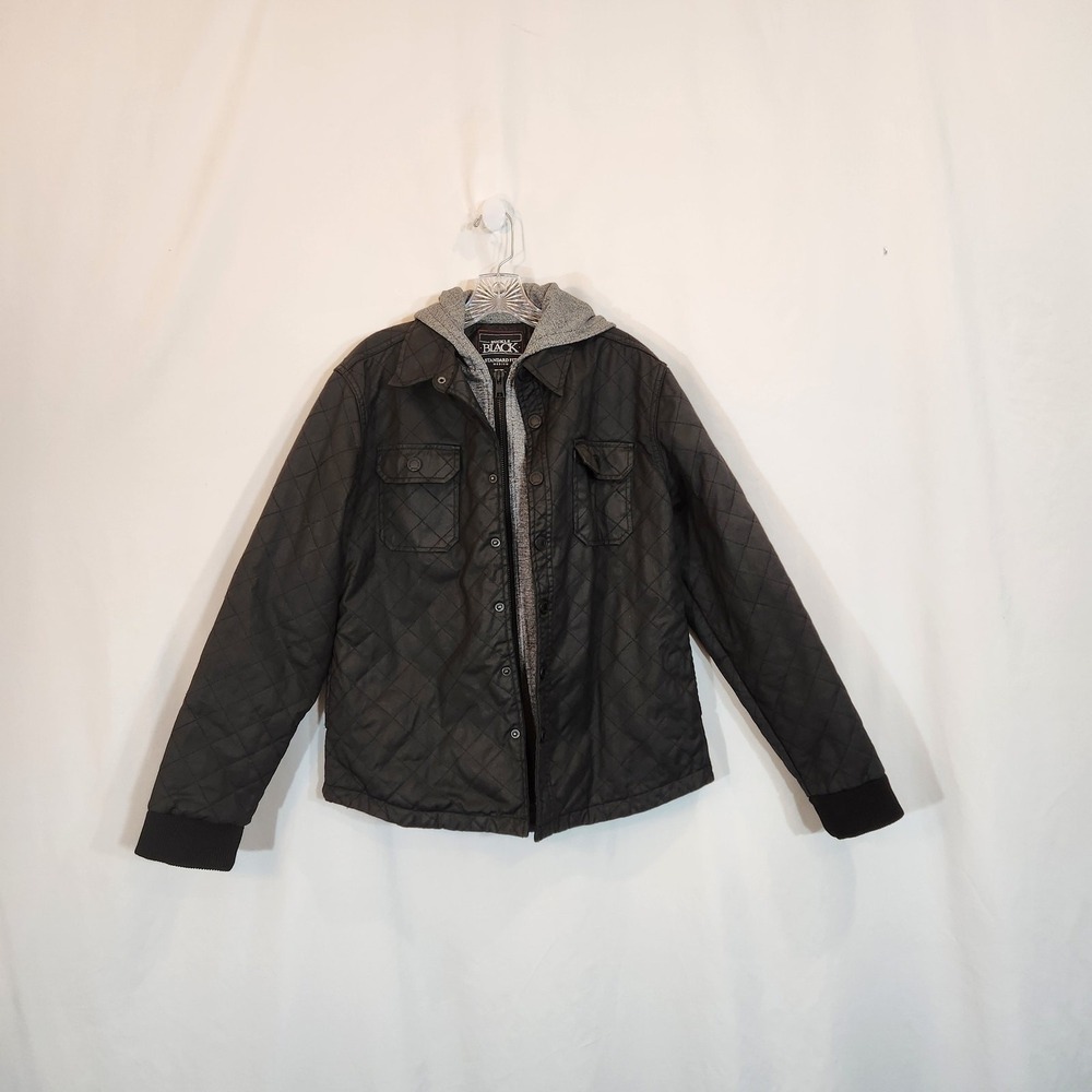 BUCKLE BLACK Standard Fit Black Quilted Faux Leather Grey Hood Jacket Men Medium